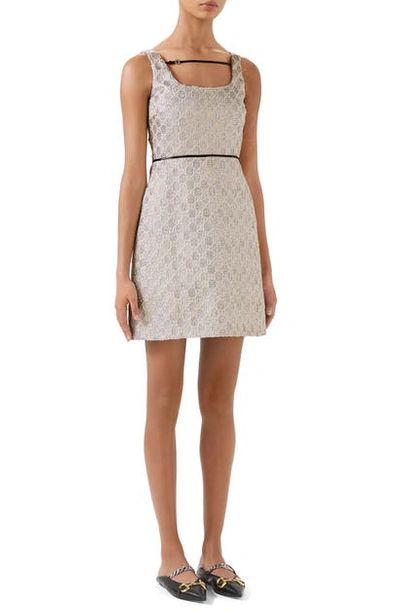 Shop Gucci Metallic Gg Logo Minidress In Silver/ Mix