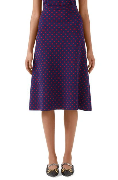 Shop Gucci Polka Dot & Double G Logo Wool Blend Skirt In Blue/ Orange