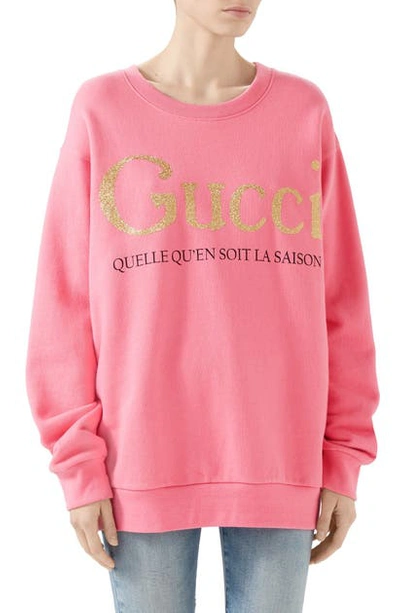 Shop Gucci La Saison Glitter Logo Cotton Sweatshirt In Rose Bud/ Mult