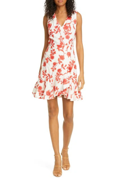 Shop Rebecca Taylor Scarlet Floral Sleeveless Linen Dress In Ivory/ Red Coral