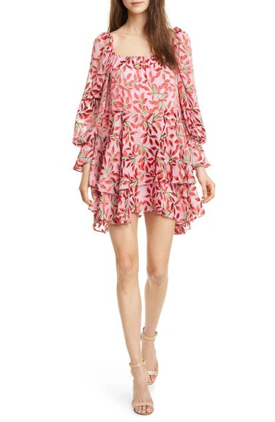 Shop Alice And Olivia Debra Leaf Print Long Sleeve Silk Blend Trapeze Dress In Dancing Leaf-lg Electric Pink