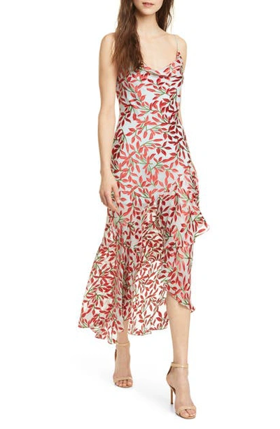 Shop Alice And Olivia Ginger Leaf Print High/low Silk Blend Dress In Dancing Leaf-lg Powder Blue