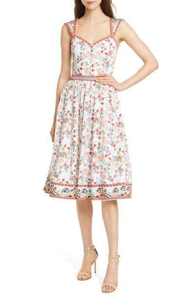 Shop Alice And Olivia Portia Floral Sweetheart Neck Stretch Cotton Midi Dress In Blue Bell-soft Wht Multi