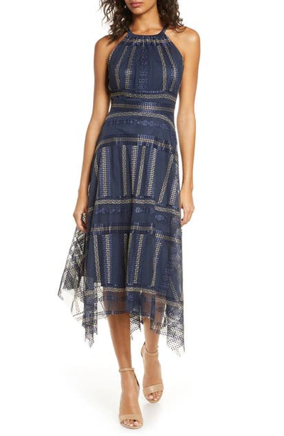 Shop Vince Camuto Embroidered Mesh Halter Midi Dress In Navy/ Multi