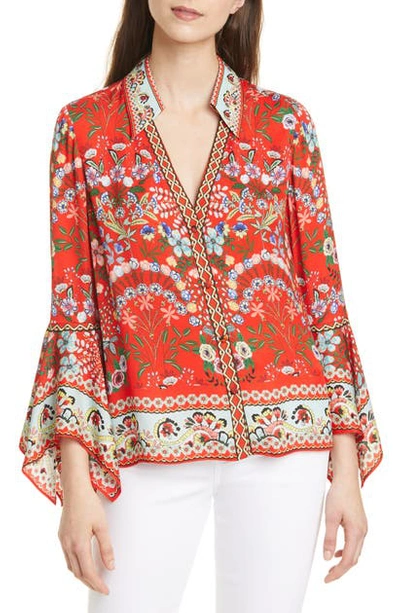 Shop Alice And Olivia Randa Mix Floral Trumpet Sleeve Blouse In Wildflower Bright Poppy Multi