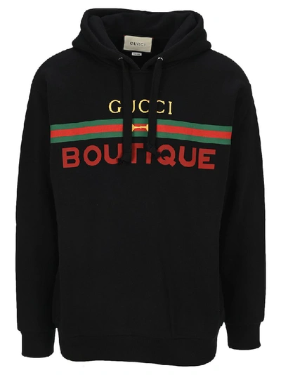 Shop Gucci Boutique Print Drawstring Hoodie In Black