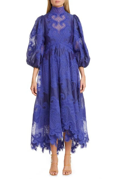 Shop Zimmermann Brightside Embroidered Asymmetrical Midi Dress In Blue