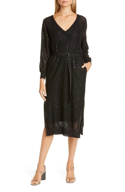 Shop Brunello Cucinelli Sequin Belted Long Sleeve Linen & Silk Sweater Dress In Black