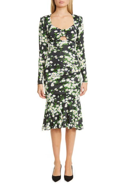 Shop Michael Kors Daisy Print Ruched Long Sleeve Midi Dress In Lemon Multi