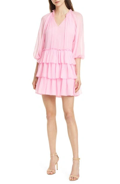 Shop Alice And Olivia Layla Tiered Ruffle Silk Minidress In Electric Pink