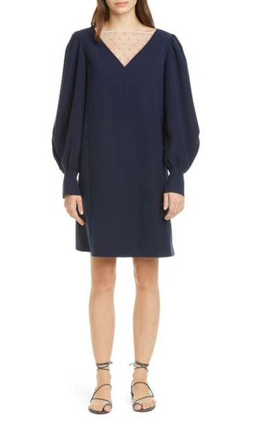 Shop Adeam Embellished Panel Long Sleeve Shift Dress In Navy