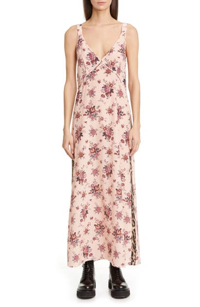 Shop R13 Leopard Side Stripe Floral Silk Maxi Dress In Light Pink Leopard