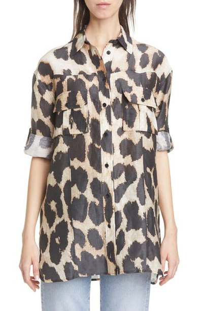 Shop Ganni Leopard Print Linen & Silk A-line Tunic Shirt In Maxi Leopard 994