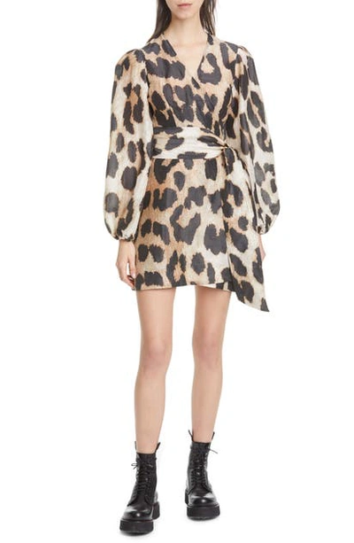 Shop Ganni Leopard Print Long Sleeve Linen & Silk Wrap Dress In Maxi Leopard 994