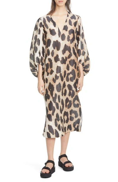 Shop Ganni Leopard Print Long Sleeve Linen & Silk Maxi Dress In Maxi Leopard 994
