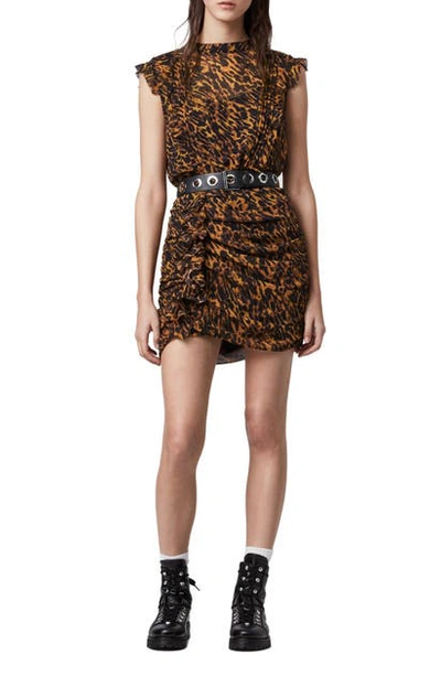 Shop Allsaints Hali Ambient Leopard Print Ruffle Minidress In Brown