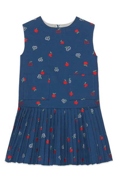 Shop Gucci Apple & Logo Pleat Drop Waist Dress In Blue/ Red