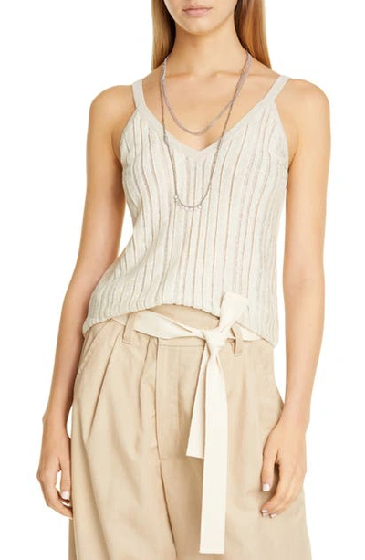 Shop Brunello Cucinelli Metallic Rib Linen Blend Sweater Tank In Mud