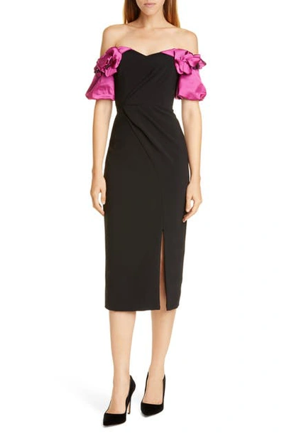 Shop Marchesa Notte Off The Shoulder Cocktail Dress In Black/ Fuchsia