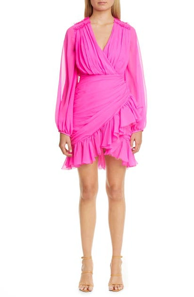 Shop Giambattista Valli Long Sleeve Silk Georgette Faux Wrap Minidress In Hot Pink