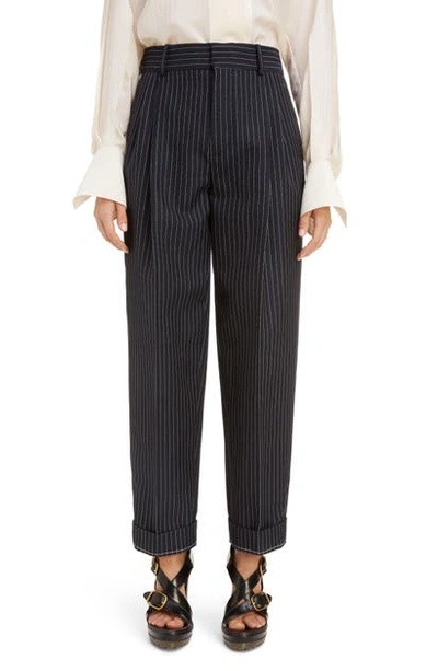 Shop Chloé Pleated Pinstripe Ankle Pants In Ink Navy