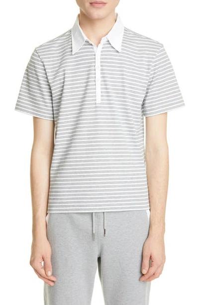Shop Thom Browne Stripe Cotton Polo Shirt In Light Grey