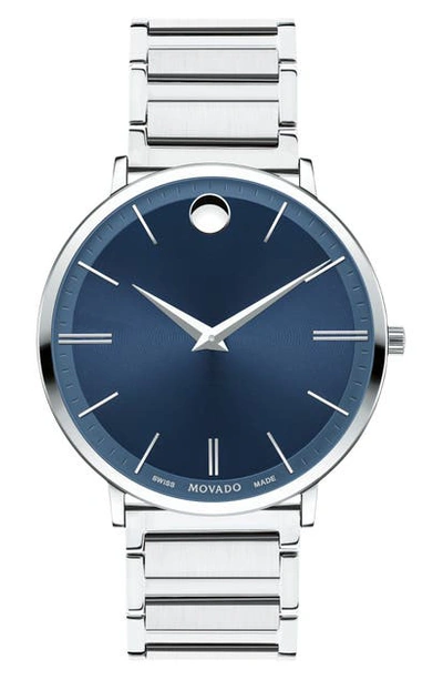 Shop Movado Ultra Slim Bracelet Watch, 40mm In Silver/ Blue/ Silver