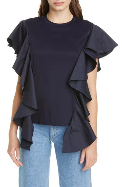 Shop Adeam Ruffle Trim T-shirt In Navy