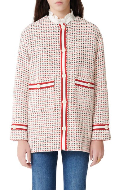 Shop Maje Gerona Cotton Blend Tweed Coat In Ecru / Red / Navy