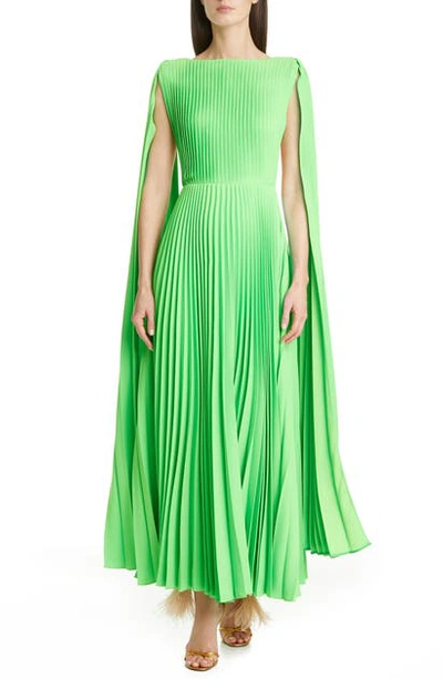 Shop Valentino Cape Sleeve Pleated Gown In Verde Fluo