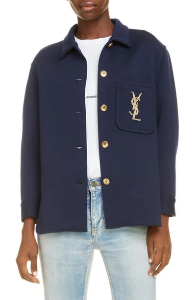 Shop Saint Laurent Logo Pocket Wool Blend Shirt Jacket In Marine