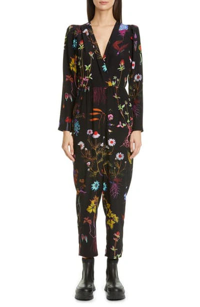Shop Stella Mccartney Floral Print Silk Crop Jumpsuit In Black