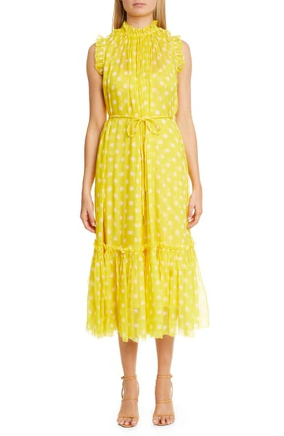 Shop Zimmermann Brightside Polka Dot Silk Chiffon Midi Dress In Sunflower/ Pearl Dot