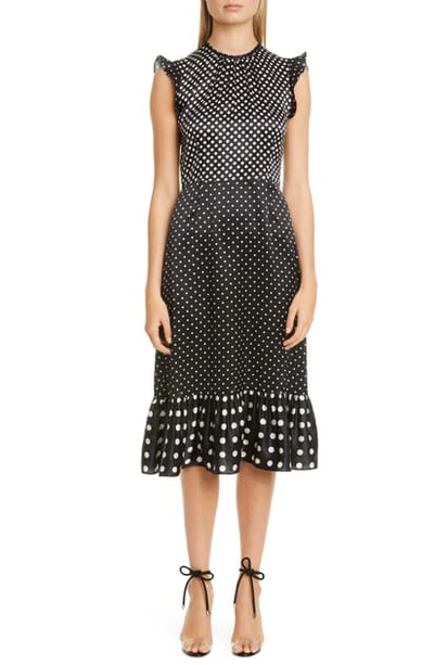 Shop Altuzarra Flutter Sleeve Polka Dot Satin Midi Dress In 122001 Black Small Dot