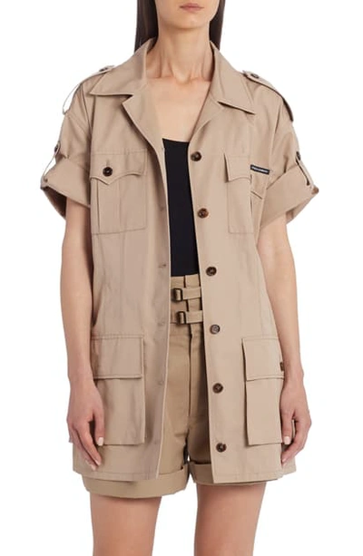 Shop Dolce & Gabbana Belted Short Sleeve Silk Cargo Jacket In Tan