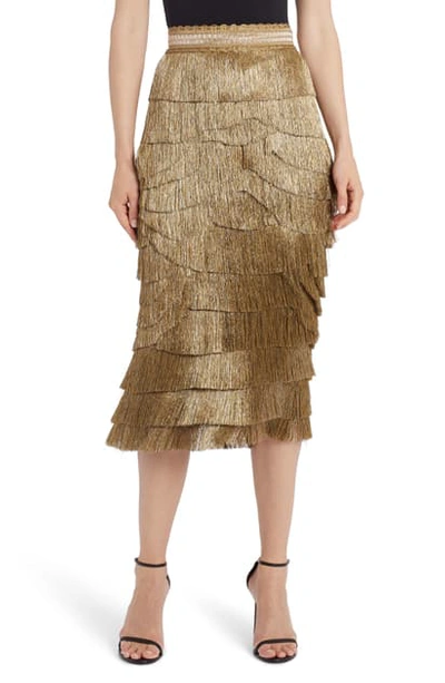 Shop Dolce & Gabbana Metallic Fringe Stretch Silk Midi Skirt In Gold