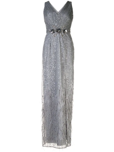 Shop Aidan Mattox V-neck Sequin Embellished Dress In Grey