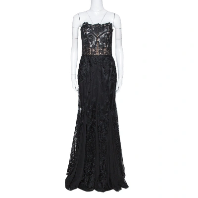 Pre-owned Dolce & Gabbana Black Floral Lace Bustier Detail Strapless Gown M