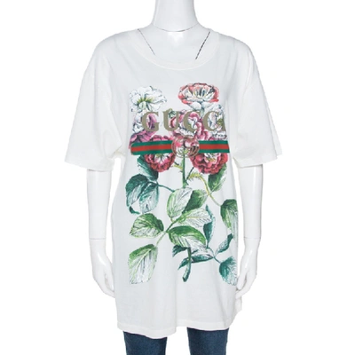 Pre-owned Gucci White Floral Logo Print Cotton Crew Neck T-shirt L