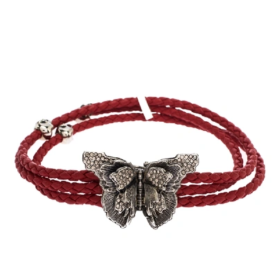 Pre-owned Alexander Mcqueen Crystal Butterfly Charm Red Braided Leather Layered Bracelet