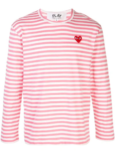Shop Comme Des Garçons Play Striped Logo T-shirt In Pink