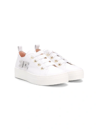 Shop Elisabetta Franchi La Mia Bambina Teen Crystal Logo Plaque Sneakers In White