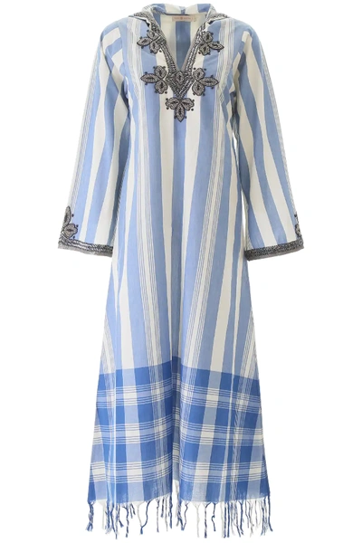 Shop Tory Burch Embroidered Kaftan Dress In Blue,white