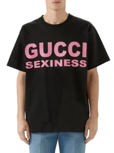 Shop Gucci Sexiness-print Oversize T-shirt In Black Pink