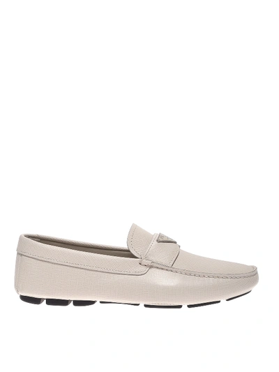 Shop Prada Saffiano Leather Driving Loafers In White