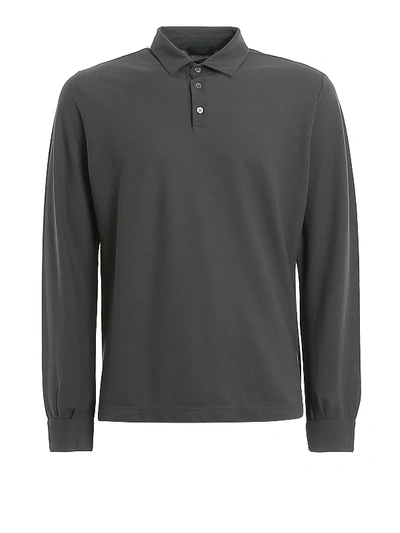 Shop Zanone Long Sleeve Cotton Polo Shirt In Dark Grey