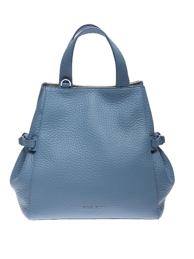 Shop Orciani Fan Soft Pebbled Leather Medium Bag In Light Blue