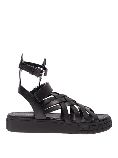 Shop Prada Woven Leather Sandals In Black