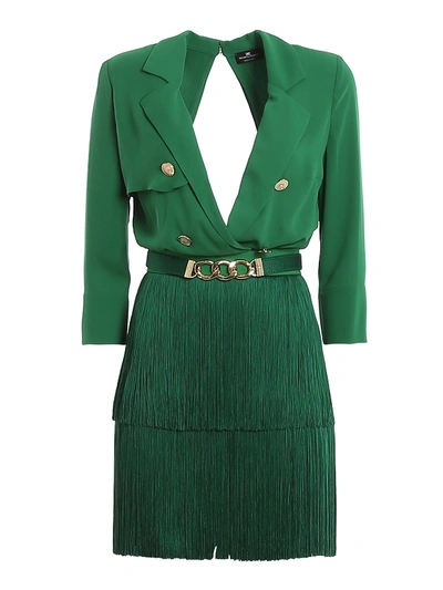 Shop Elisabetta Franchi Fringed Crepe And Georgette Short Dress In Green
