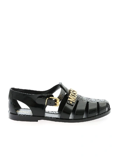 Shop Moschino Jelly Black Sandals With Golden Logo